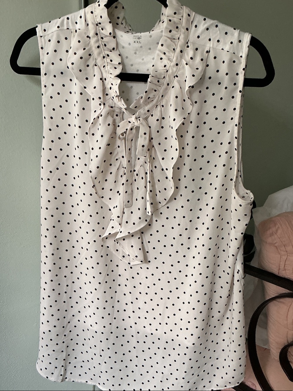 LOFT XXL Polka Dot Ruffle Tie-Neck Sleeveless Blouse - White/Black